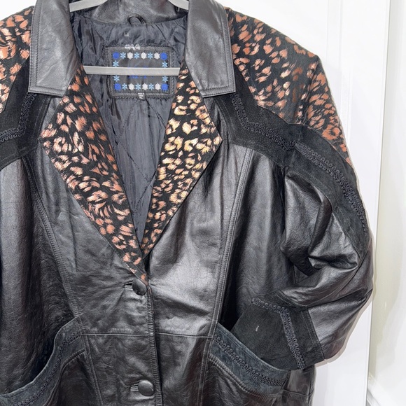 Vintage 80s Middlebrook Park Black Leather Cheetah Leopard Trench Jacket XL - Picture 6 of 9